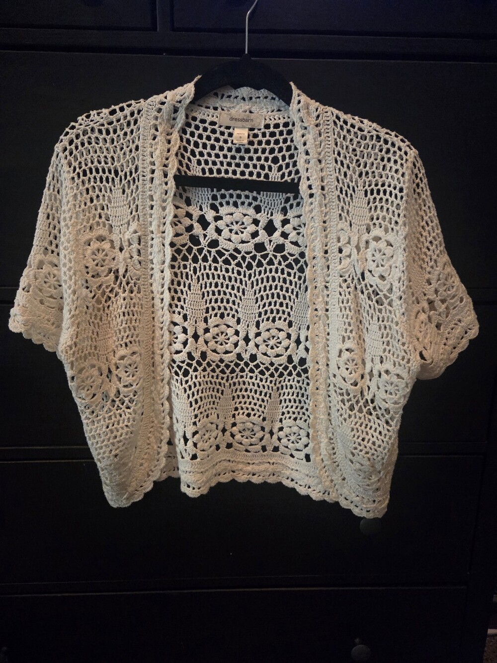 Dressbarn White Crochet Open-Front Short Sleeve Cardigan